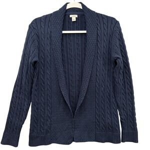 LL Bean Sweater Womens Small Navy Cable Knit Shawl Collar Open Front Cardigan